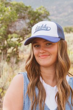 These trucker hats are our new favorites, and they will be yours too! Each style of hat has an adjustable band. Wear them with your hair down or up, and it will instantly make any outfit complete. This hat is white and blue with "daddy" printed in blue colored text. Everyday Blue Trucker Hat, Blue Trucker Hat, One Size Fits Most, Spring Blue Trucker Hat With Letter Print, Fun Blue Trucker Hat With Letter Print, Beach-style Trucker Hat With 5-panel Design, Hair Down, Down Hairstyles, Trucker Hats, Trucker Hat