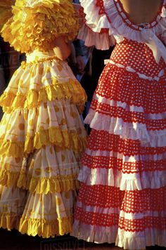 Multicolor Dresses For Fiesta Festivals, Multicolor Dresses For Fiesta And Festivals, Multicolor Fiesta Dresses For Festivals, Festival Dresses With Attached Cancan, Multicolor Ruffled Festival Dress, Multicolor Ruffled Dresses For Festival, Traditional Spanish Dress, Flamenco Dresses, Spanish Outfits