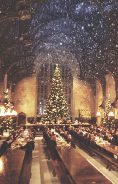 a large dining hall filled with people sitting at long tables and christmas trees in the background