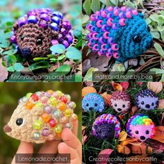 crocheted hedgehogs are featured in four different pictures, each with colorful beads