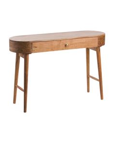 a wooden desk with two drawers on one side and an open drawer on the other