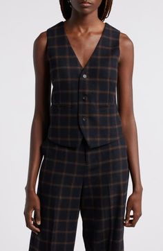 A deep-hued plaid readies you for the layering seasons in this trim wool-blend vest. Front button closure V-neck Lined 60% wool, 40% polyester Dry clean Imported Fabric Gift Bags, Fabric Gifts, Wool Plaid, Free Fabric, Wool Blend, Layering, Button Up, Top Blouse, Dry Clean