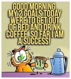 an image of a cartoon cat drinking coffee with the caption good morning my 2 goals today we're to get out of bed and drink coffee soar i am a success