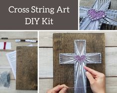 the cross string art diy kit is made from wood and has been cut into pieces