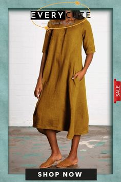 Casual A-line Midi Dress Linen Casual, Dresses By Length, Women's Fashion Dresses, Shop Now, Midi Dress, Fashion Dresses, Yellow, Dresses