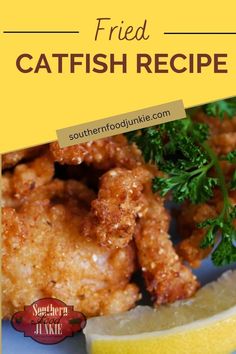 fried catfish recipe with lemon wedges and parsley