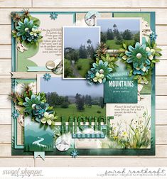 a scrapbook page with green and blue flowers