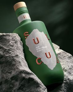 a green bottle sitting on top of a rock