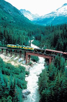 a train traveling over a bridge in the mountains