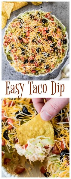 an easy taco dip recipe with cheese and black olives