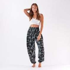 Lounge in style in our cute and comfy harem pants featuring our buttery soft fabric! Pair them with a cropped tee, bodysuit, or swimwear for maximum style and comfort. Great for lounge wear, yoga or on the move! Available in One Size Fits Most and Curvy Colors Available: Havana ( Mustard and White Mandala Print) Lava Island ( Black & Gray Tie Dye) - Sold out Corfu (Deep Teal & White Mandala) Galapagos (Lavender and White Mandala Print) - Sold out Sizing and Fit: OSFM: (SOLD OUT) Recommended for Boho Yoga Pants, Yoga Harem Pants, Boho Yoga, Grey Tie Dye, Pants Large, Corfu, Cropped Tee, Crop Tee, Bell Bottoms