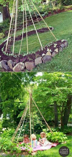 an outdoor teepee tent made out of wood sticks and some grass in the yard