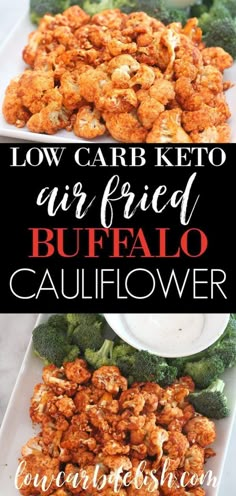 low carb keto air fried buffalo cauliflower on a white platter