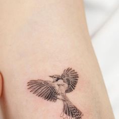 a small bird tattoo on the back of a woman's leg, it is black and white