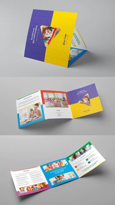 three fold brochure with different colors and designs on it, including the front page