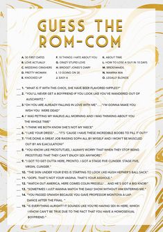 a white and gold poster with the words guess the rom - com on it's side