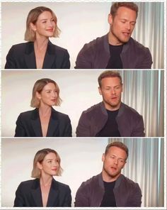 four different shots of a man and woman talking to each other while they both look at the same person's face