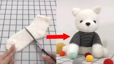 someone is cutting the fabric off of a stuffed teddy bear with scissors and yarn balls