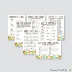 four baby shower game cards with jungle animals and the names of their babies on them