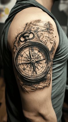 a man with a compass tattoo on his arm