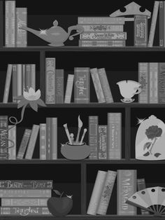 black and white illustration of bookshelves with teapots, cups, and other items on them