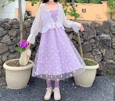 Pastel Purple Outfit Ideas, Purple Cottagecore Dress, Cute Purple Outfits, Dress With Mesh Overlay, Mesh Overlay Dress, Style Kawaii, Strappy Midi Dress, Purple Outfits, Kawaii Fashion Outfits