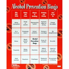 a red and white poster with the words alcohol prevenition bingo written in black