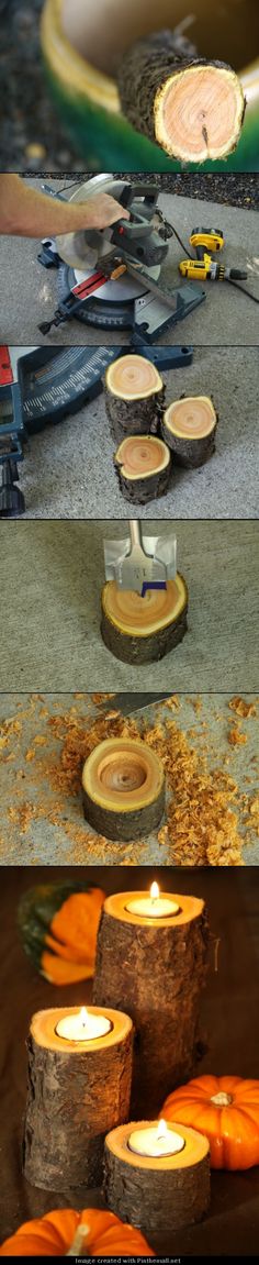 several different types of candles are being used to make wood slices and other things on the ground