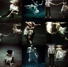 several different images of people dancing in the water with their arms around each other and holding hands