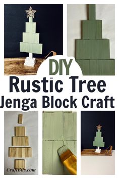 a collage of wooden blocks with the words diy rustic tree, and an image of