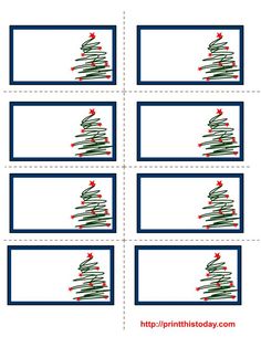 four christmas tree labels with red and blue trimmings on the bottom, one is blank