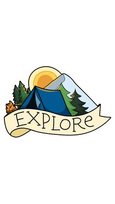 the logo for an outdoor camp site, with mountains and trees in the foreground