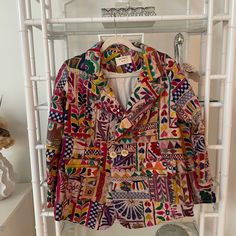 Euc Momo New York Size Med Multicolor Excellent Used Condition Cotton & Linen Spring Multicolor Patchwork Blazer, Multicolor Cotton Blazer For Fall, Winter Multicolor Cotton Blazer, New York Red, Red Purple, Color Purple, Cotton Linen, Blazer Suit, Sustainable Fashion