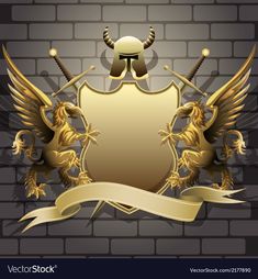 a gold shield with two swords and wings on a brick wall background illustration by vectorastock