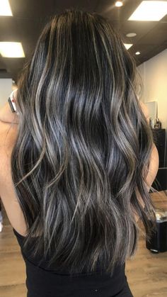 Dark Brown With Ash Brown Highlights, Dark Brown Ash Highlights, Black Hair Ash Balayage, Full Highlight On Black Hair, Dark Brown With Ash Brown Balayage, Ash Dark Brown Hair With Highlights, Winter Hair Color For Hazel Eyes, Jet Black Balayage Hair