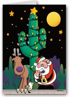 a christmas card with santa claus and a reindeer next to a large cactus tree at night