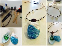 several pictures of different items that are being made with glass and wood, including necklaces