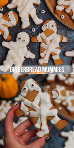 gingerbread mummies are being made with icing and sprinkles for halloween