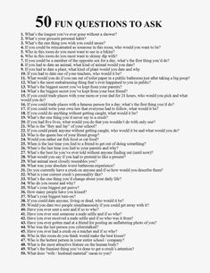 the 50 fun questions to ask in an english language text is shown on white paper