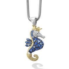 A LAGOS exclusive. Beautifully crafted seahorse of sterling silver and 18K gold with precious blue sapphires and diamonds. LAGOS diamonds are the highest quality natural stones. Seahorse Pendant, Timeless Jewelry, Engraved Items, Necklace Sizes, Round Brilliant Cut Diamond, Snake Chain, Brilliant Cut Diamond, Blue Sapphire, Turquoise Necklace