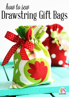 two drawstring gift bags sitting on top of a blue table with the title how to sew drawstring gift bags