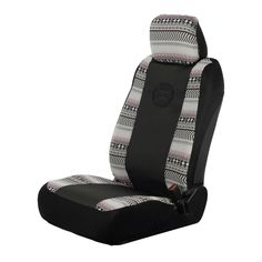 a car seat with a black and white pattern on the front, and an image of a