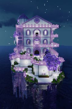 an image of a house that is floating in the water with purple lights on it