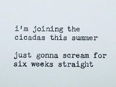 an old typewriter with the words i'm joining the cicadas this summer just gonna scream for six weeks straight