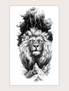 a black and white drawing of a lion with lightning coming out of its head in the background