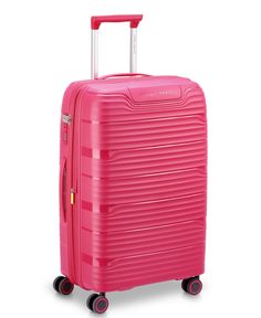 a bright pink suitcase with wheels and handles