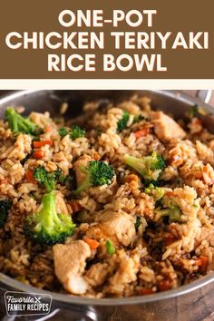 one pot chicken teriyaki rice bowl with broccoli and carrots