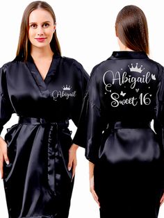 Celebrate your Sweet 16 in style with this elegant Black with Silver robe, perfect for making your special day even more memorable. This luxurious robe combines sleek black with shimmering silver accents, offering a sophisticated look. Fully personalized, it adds a personal touch that will make your celebration truly unique and unforgettable. Ideal for pre-event photos! Includes : RobeAll the items are hand-made.Can be personalized with name and date of your celebration.We can decorate this set Fitted Black Party Robe, Black Long Sleeve Robe For Wedding Night, Elegant Black Satin Robe, Black Satin Party Robe, Black Satin Robe For Party, Elegant Fitted Party Robe, Elegant Fitted Black Robe, Black Fitted Elegant Robe, Fitted Black Robe With Long Sleeves