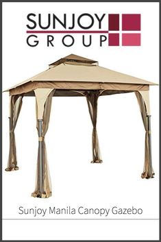 an outdoor gazebo with the sunjoy group logo above it and text that reads, sunny