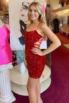 Strappy Red Sequin Tight Short Homecoming Dress Homecoming Sequin Dress With Corset Back For Party Season, Homecoming Mini Dress With Corset Back For Party Season, Sequin Dress With Corset Back For Homecoming Party, Party Mini Dress With Corset And Strappy Back, Fitted Mini Dress With Strappy Back For Prom, Glamorous Homecoming Mini Dress With Lace-up Back, Fitted Sequin Dress With Strappy Back, Fitted Mini Dress With Strappy Back For Homecoming, Red Strappy Back Party Dress